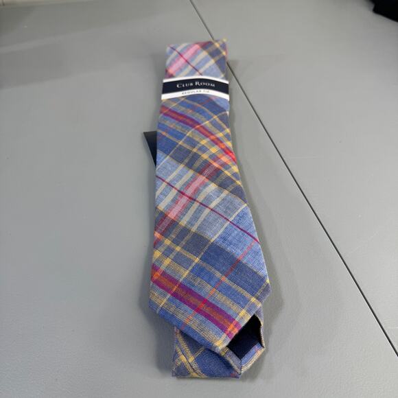 Club Room Mens Necktie Webster Plaid Blue  Office Professional 100% Linen  New - Picture 3 of 9